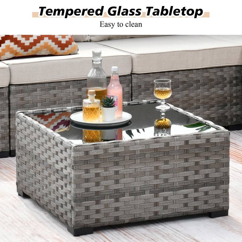 HOOOWOOO 9-piece Wicker Outdoor Modular Wide Armrest Sectional Set Fire Pit Set