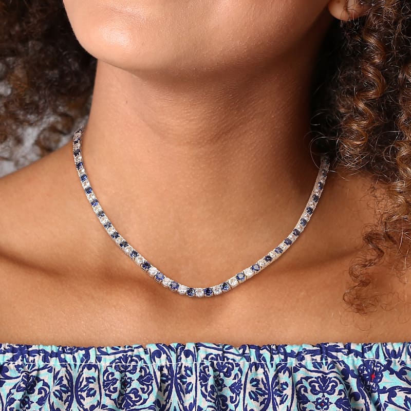 Miadora Created Blue and White Sapphire Tennis Necklace in Sterling Silver