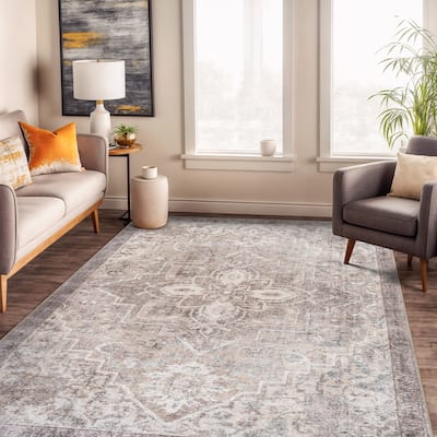 Beige Floral Medallion Washable Rug - Low Pile, Non-Slip