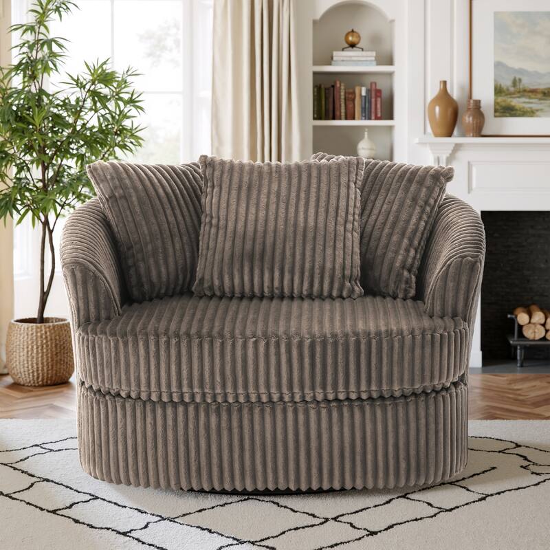 Oversized 43" W Plush Corduroy Swivel Barrel Chair with Pillows - Dark Camel