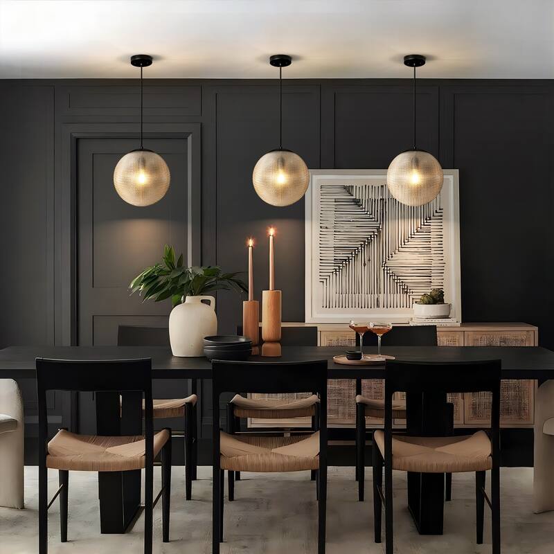 1-Light Modern Indoor Matte Black Finish Kitchen Island Pendant Lights with Globe Diamond Textured Grey/Clear Glass Shade