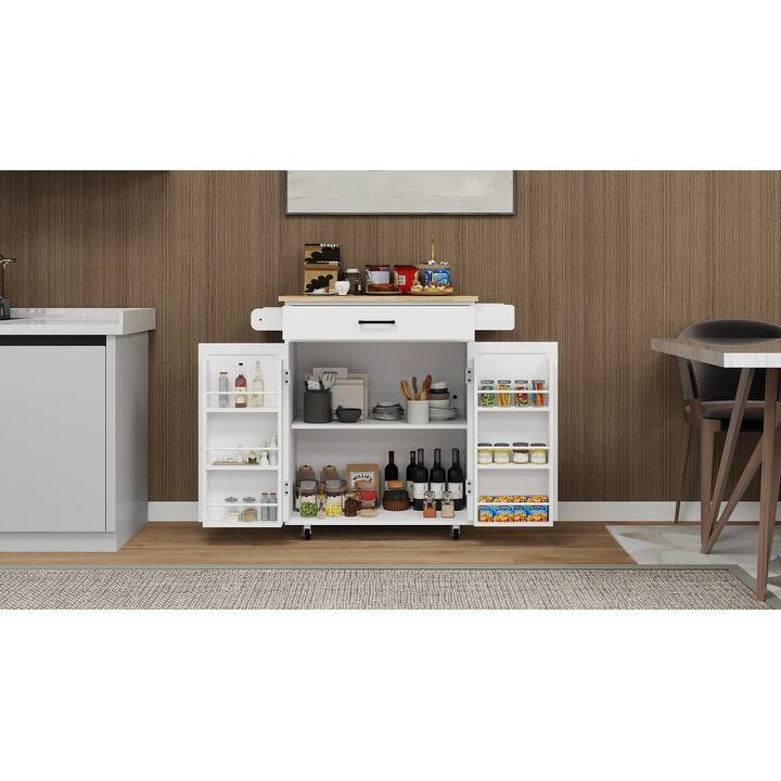 White Farmhouse Kitchen Island Cart with Drawer, Adjustable Shelves & Wheels