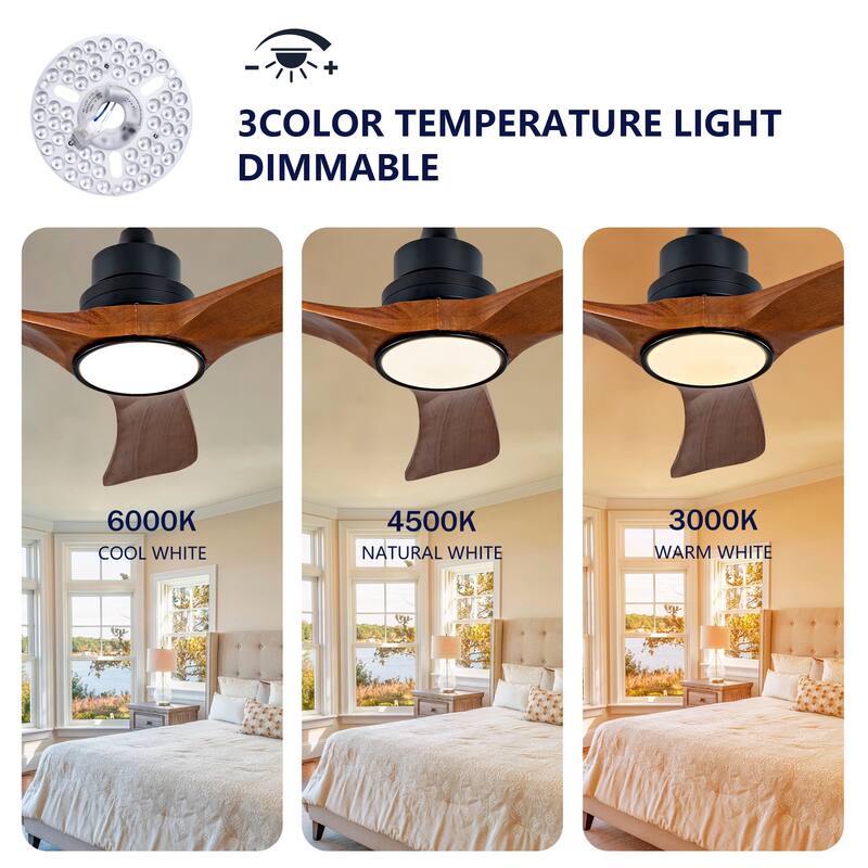 36-Inch Ceiling Fan Light with 6-Speed Remote Control, Black Three-Blade, Reversible Wooden Fan Blades, DC Motor
