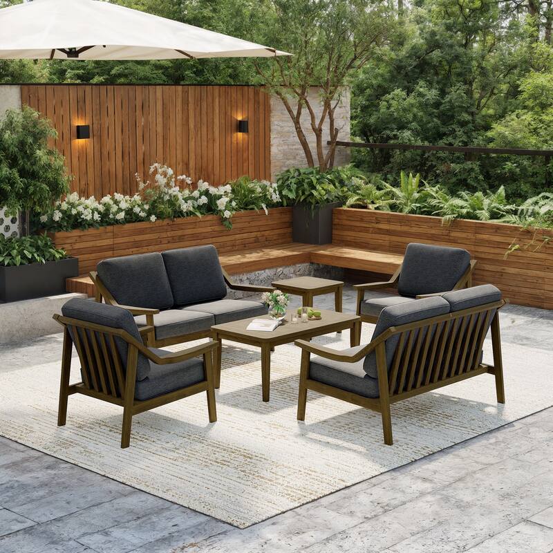 6-piece Wood Patio Chat Set Teak Conversation Set with Cushion