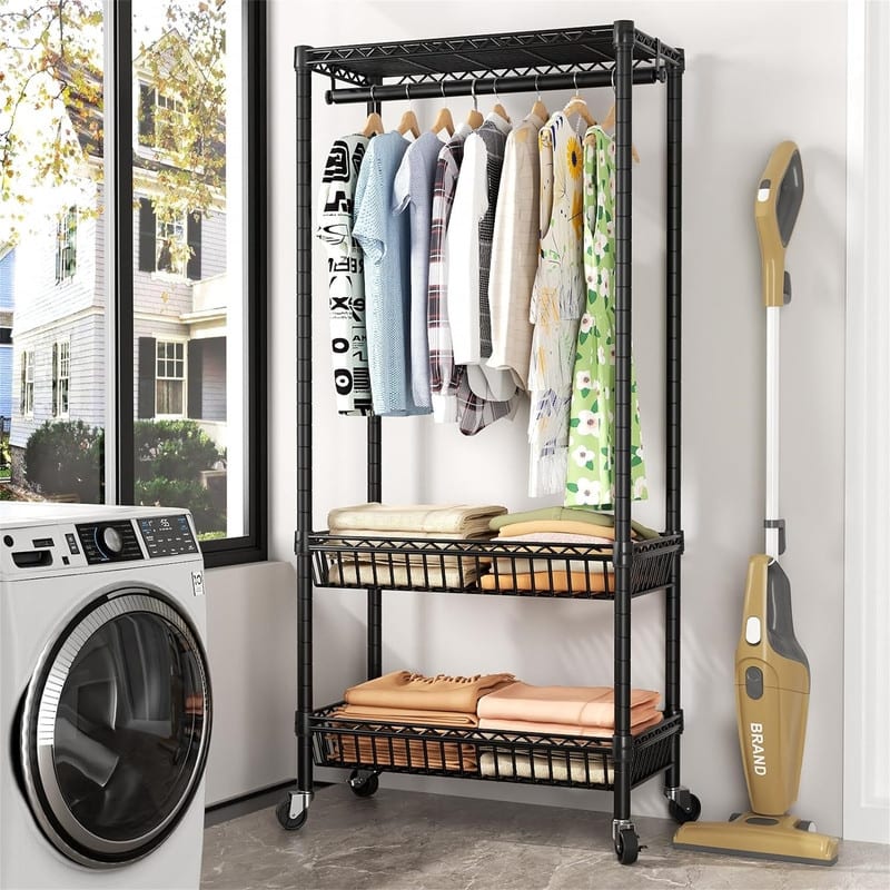 Adjustable Wire Shelving Clothing Racks - 15.75"D x 23.62"W x 72.44"H - Black,Double Baskets