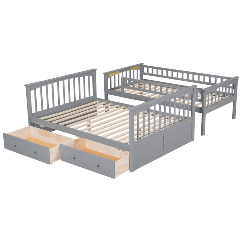 Twin over Full Wooden Bunk Bed with 2 Drawers