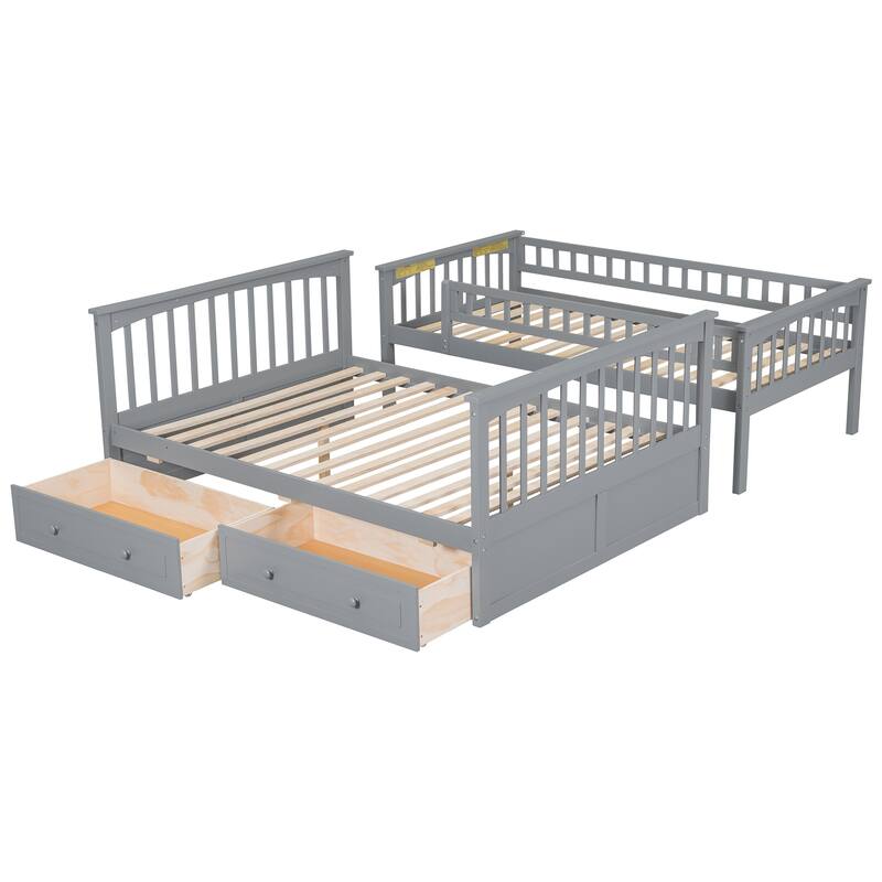 Wooden Storage Bunk Bed Frame with Fence-shaped Guardrails and Pull-out Drawers, Convertible 2 Platform Beds, Detachable Design