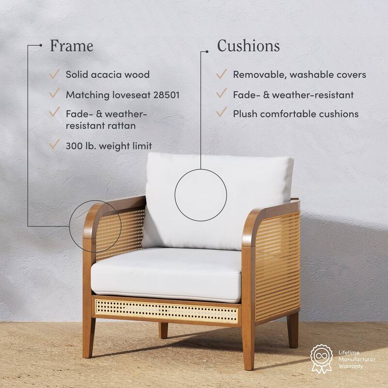 Twila Bohemian Outdoor Upholstered Rattan Patio Seating with Solid Wood Frame