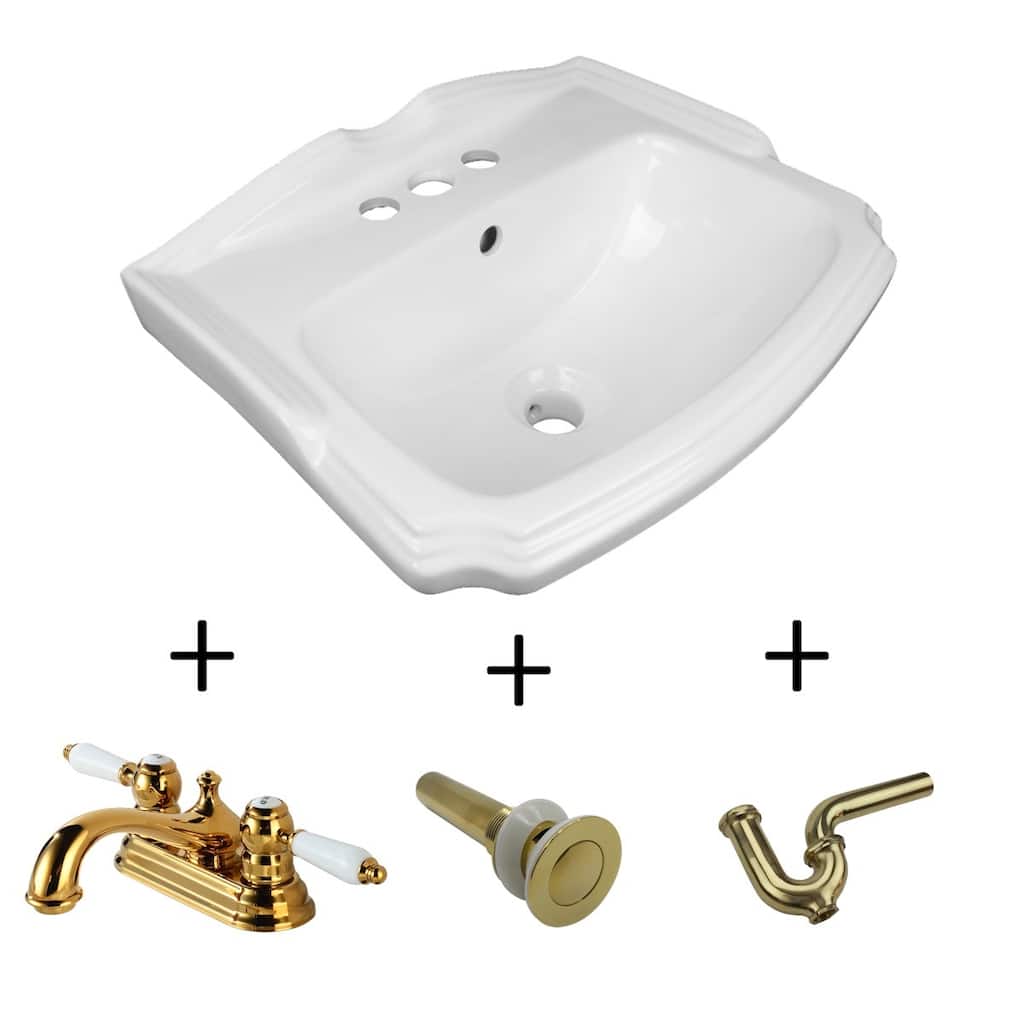 White Ceramic Wall Mount Sink Cloakroom 19" with 4" Brass Centerset Faucet, P-Trap, Drain, and Overflow Renovators Supply