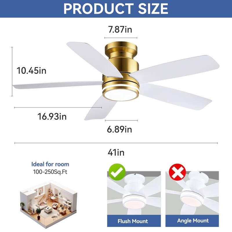 41 and 46 Inches Flush Mount Ceiling Fan with Light and Remote