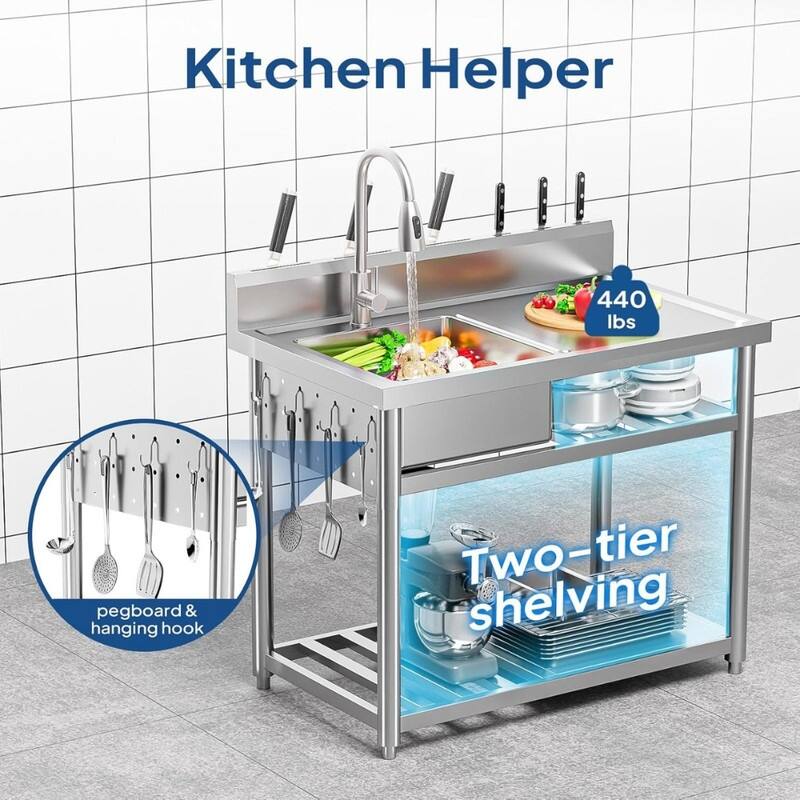 39 In. Freestanding Stainless Steel Single Bowl Kitchen Sink In Silver With Shelves And Hanging Hooks - N/A