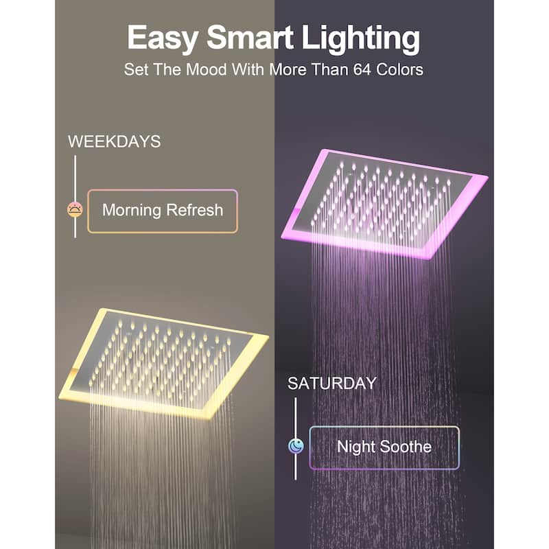 GRANDJOY Shower System 12 inch Ceiling Mount Rainfall Shower Head Body Jets Handheld Spray Combo 64 Colors LED