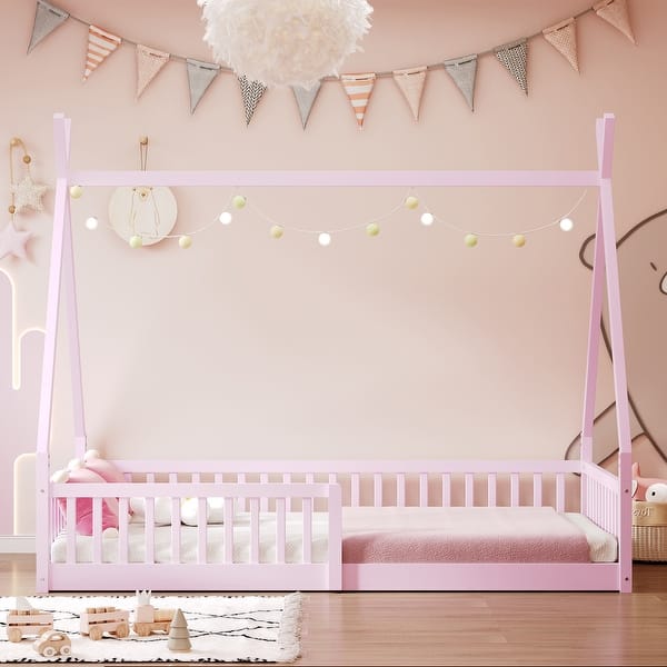 slide 2 of 22, Twin Size Montessori Floor Bed, Pine Wood Playhouse Bedframe with Safety Fence for Kids Girls Boys, No Box Spring Needed Pink - Twin