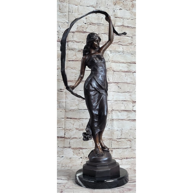 Signed Moreau Beauty Ribbon Dancer Bronze Sculpture Marble Base Statue Figurine
