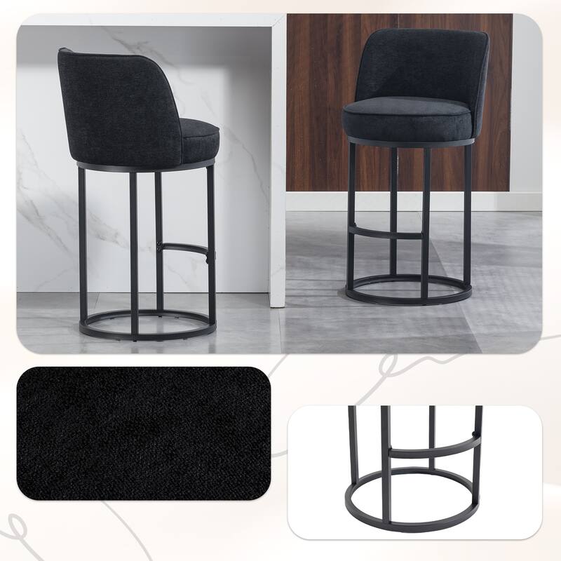 Counter Height Bar Stools Set of 2, Modern Barrel Counter Stools with Backrest, Linen Fabric Upholstered Accent Bar Stools - Black