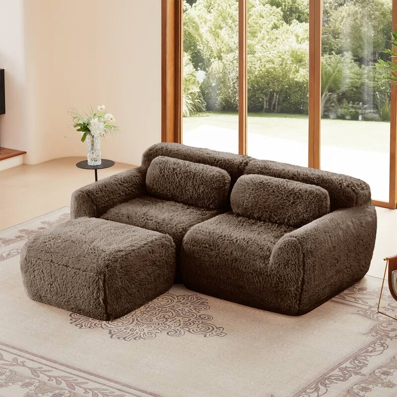 L-shaped Boneless Sofa, Soft Fluffy Plush Fabric, With Chaise 32D High Density Sponge, No Assembly Required - Chocolate