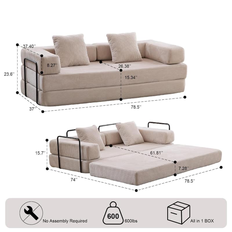 Convertible Flannel Fabric Futon Sofa Sleeper Couch Bed with Sponge Padding for Living Room - 76.77”L x 37.4”W x 23.62”H