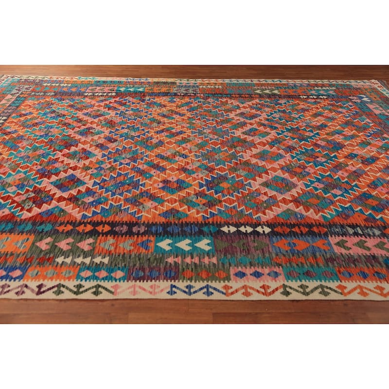 Reversable Kilim Oriental Area Rug Hand-Woven Orange Wool Carpet - 9'9"x 13'5"