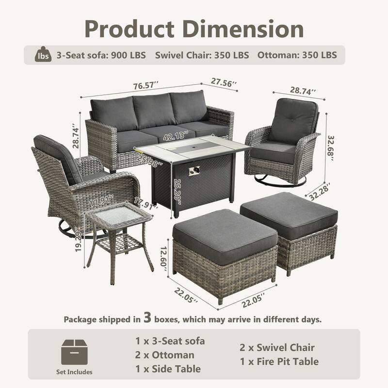 OVIOS 7-piece Patio Wicker Swivel Rocking Chair Set With Fire Pit