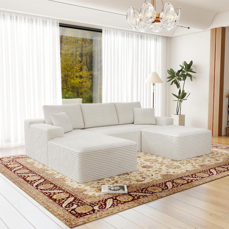 Roomfitters 104.3" Modular Sectional Sofa, 3-Piece Compressed Cloud Couch, No Assembly Required, Plush Corduroy, White