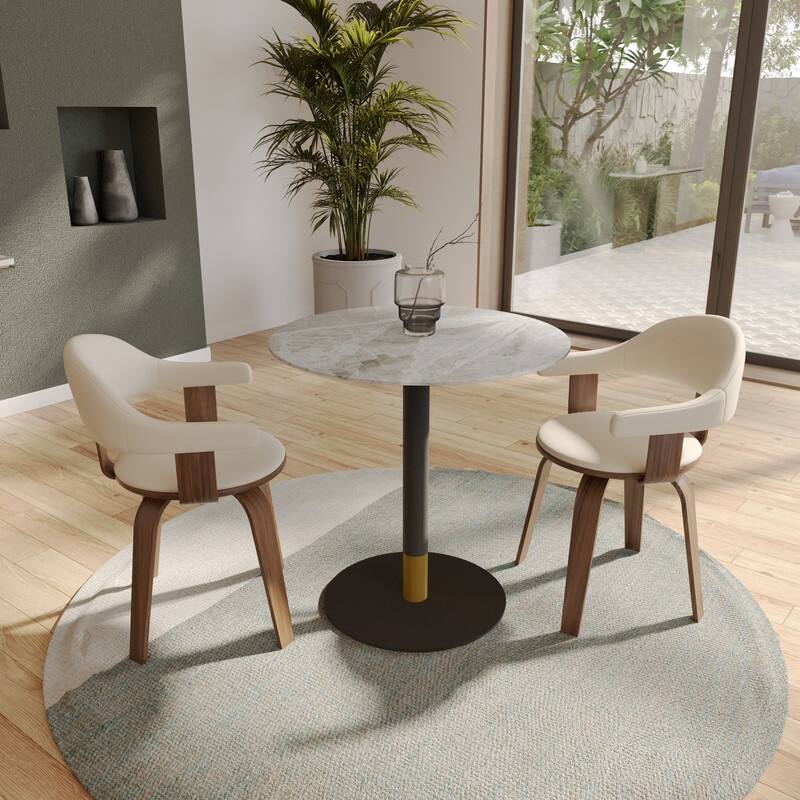 Vail Round Dining Table 36 in. Sintered Stone Tabletop in Black Stainless Steel Round Pedestal Base with Gold Accents