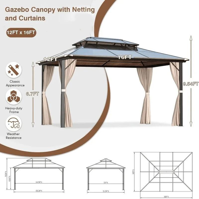 EROMMY 12x16 Outdoor Hardtop Patio Pergola with Double Roof, Aluminum Frame,Included Premium Curtains and Nettings