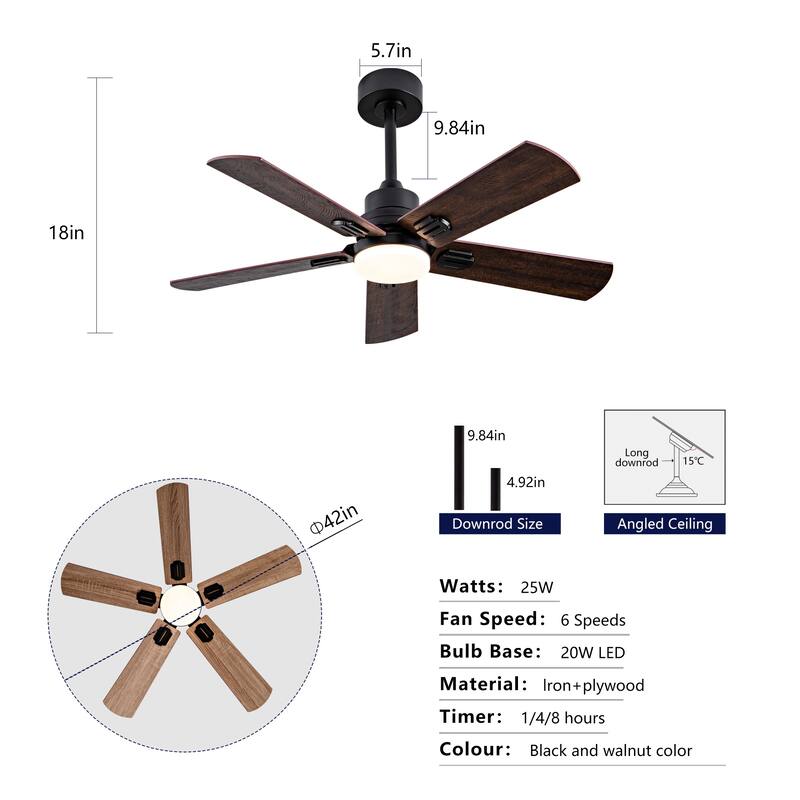 42" Ceiling Fan with Light, Remote Control, Dimmable LED, 6-Speed Quiet DC Motor