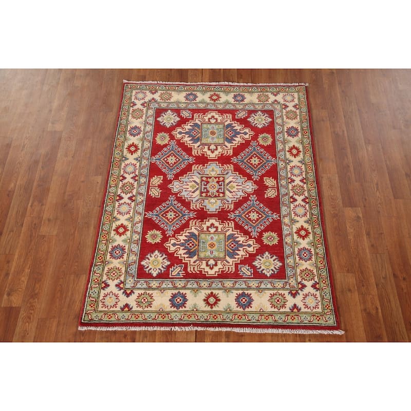 Red Geometric Kazak Oriental Accent Rug Handmade Wool Carpet - 3'6"x 4'9"