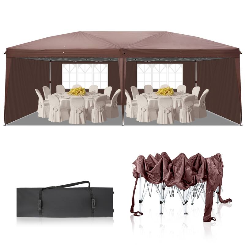 Large Waterproof Outdoor Event Tent 20x10 ft with Windows and Doors Heavy Duty Steel Frame Canopy for Parties Camping - Two Windows - Brown