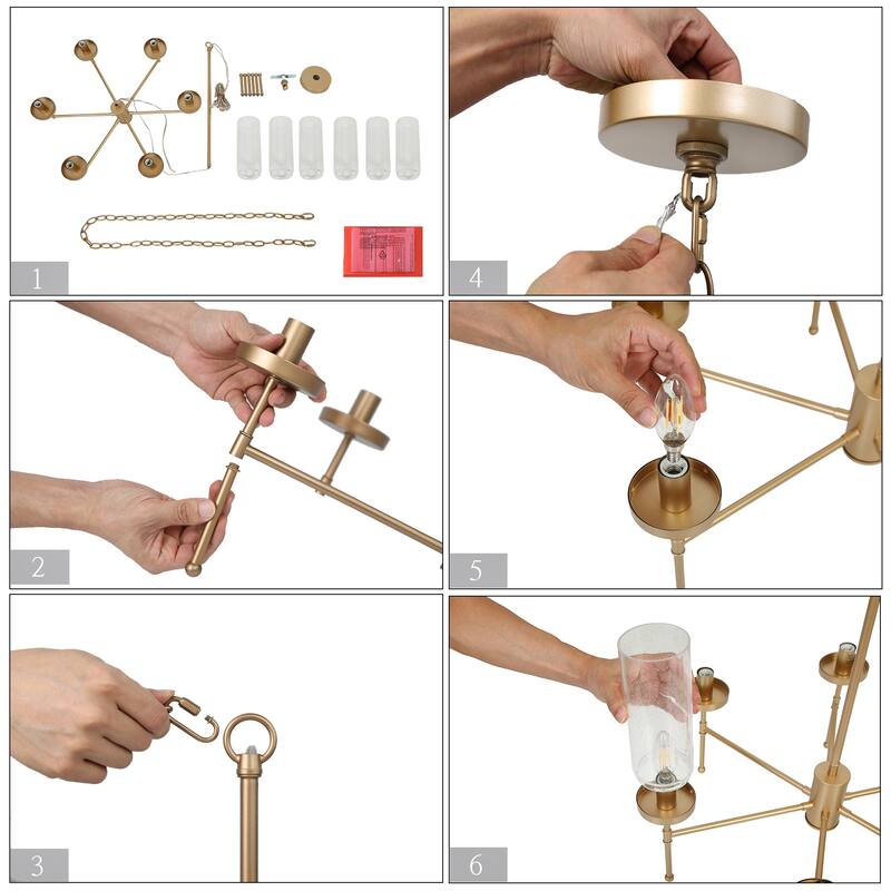 Modern Gold 6-Light Wagon Wheel Chandelier Glass Island Lights for Dining Room - D23" x H15.5"