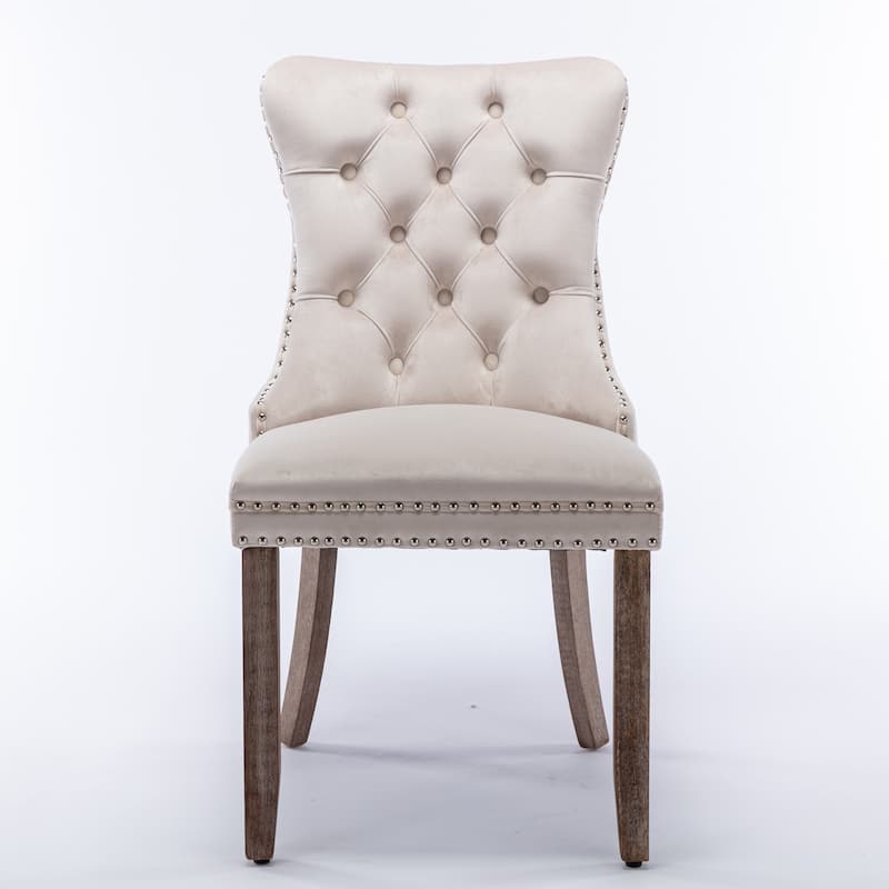 Modern Beige High-end Tufted Velvet Upholstered Dining Chair with Wood Legs Nailhead Trim 2 - Pcs Set