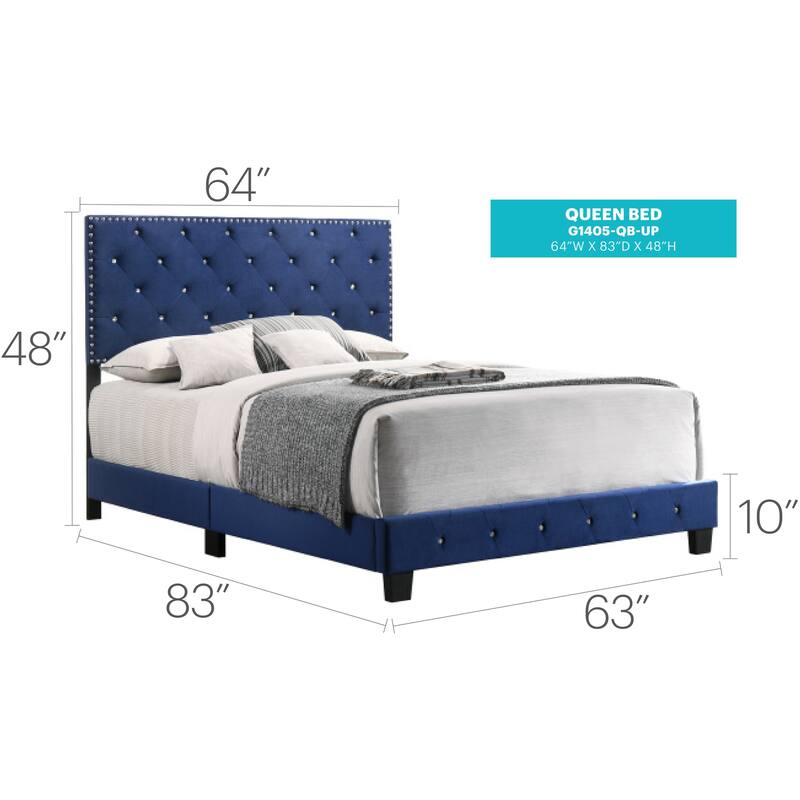 Velvet Upholstered Bed - Chic Navy Blue Design with Tufting & Nailheads - Twin, Full, King Sizes