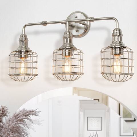 Modern Industrial 3-Light Bathroom Vanity Lights Cage Nickel Wall Sconces Lamp - L24" * W8.26" * H13"