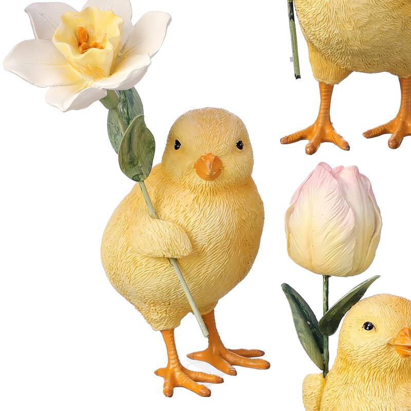 Resin And Metal Chick With Flower 5" Set of 3