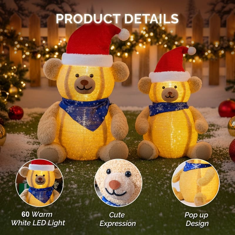 Set of 2 Lighted Plush Bear Christmas Decorations - 36 INCH