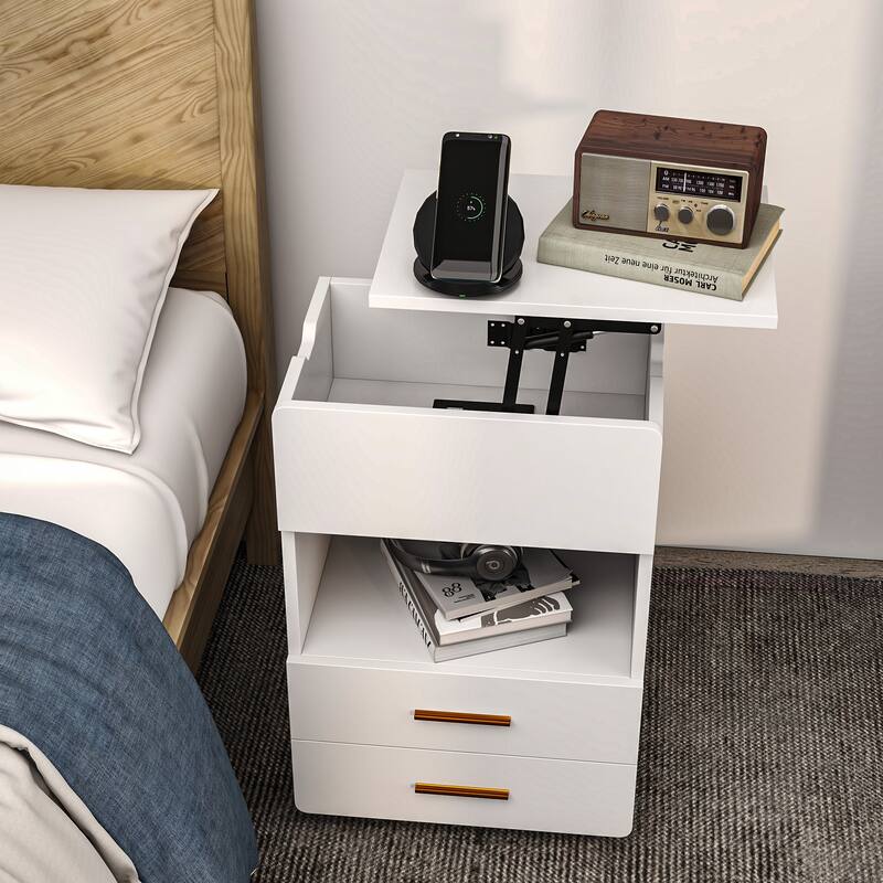 Moasis Lift top Nightstand with Charging Station LED Bedside Table with 2 Drawers