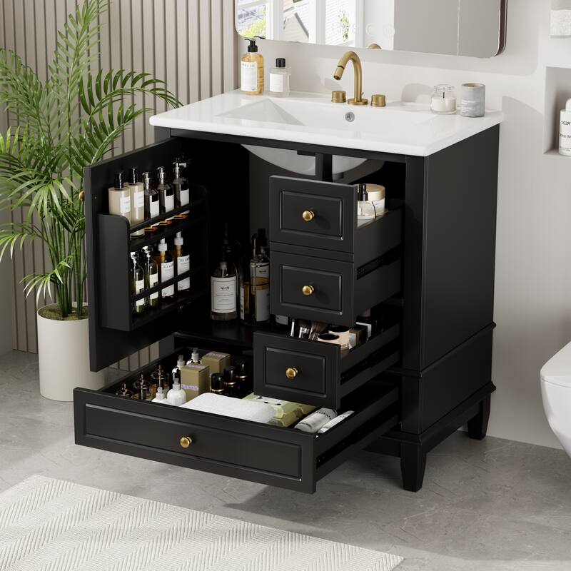 30" Bathroom Vanity with One Door, 3 Drawers, Ceramic Sink, and Soft-Close Hinges