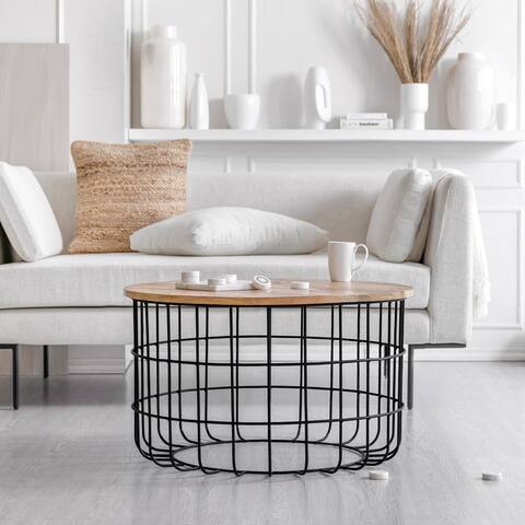 Carbon Loft Chessor Black and Natural Wood Cage Coffee Table