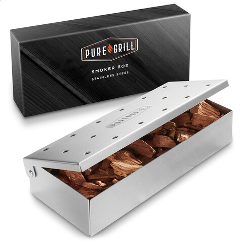 Stainless Steel BBQ Smoker Box with Hinged Lid for Wood Chips - Silver