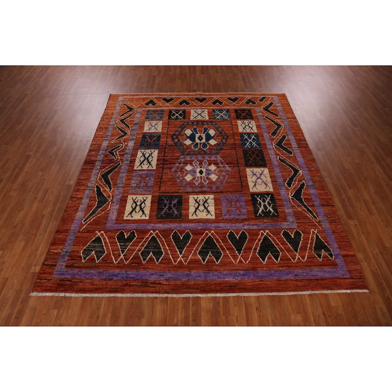 Orange Tribal Geometric Moroccan Oriental Rug Hand-Knotted Wool Carpet - 8'9" x 9'11"