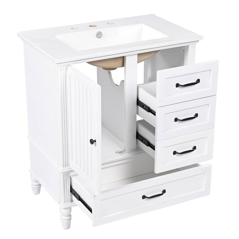 Roomfitters 30" Bathroom Vanity with Integrated Ceramic Sink, Solid Wood Frame and 3-Drawer Storage