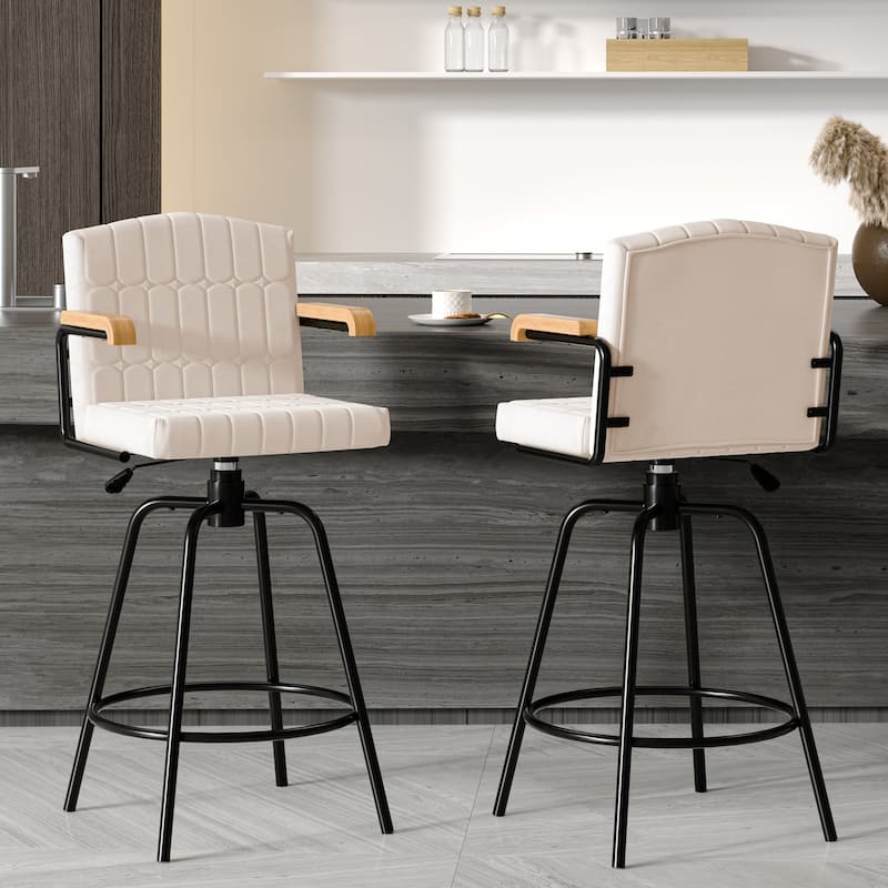 Javlergo Modern Upholstered Bar Stools with Backrest and Wooden Armrests Bar Height Stools with Metal Legs for Kitchen Dining