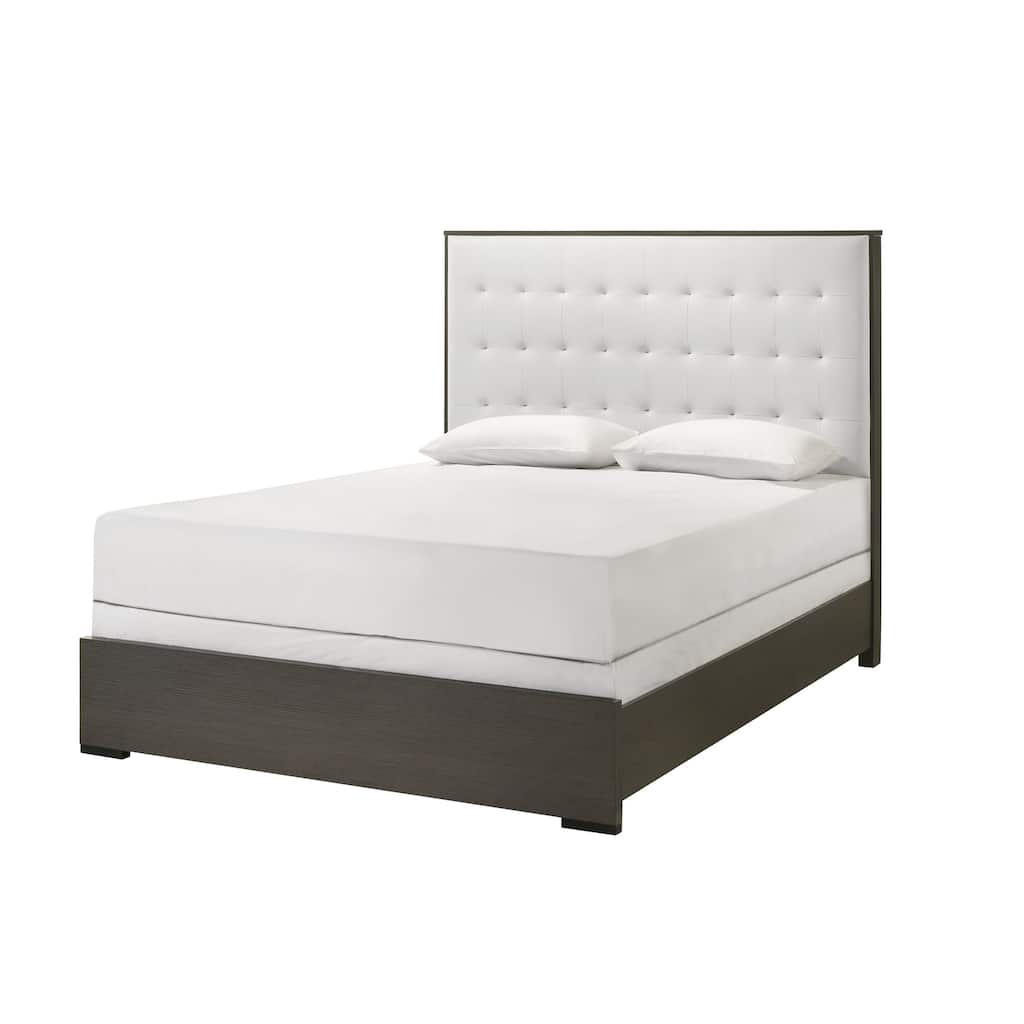 Contemporary Upholstered Full Size Panel Bed with Button Tufted Headboard in White Cream Gray