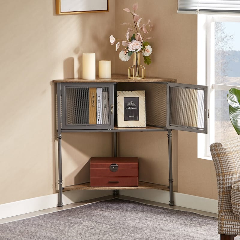 VECELO 3-Tier Corner Shelf with Storage Cabinet and Doors, Metal Frame Corner Cabinet