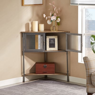 VECELO 3-Tier Corner Shelf with Storage Cabinet and Doors, Metal Frame Corner Cabinet