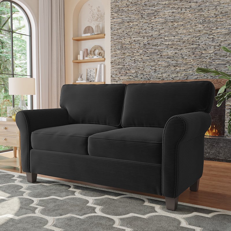 2-Seater Sofa Couch Loveseat for Living Room Bedroom, Black Sleeper Sofa Couch with Armrests and Wood Frame