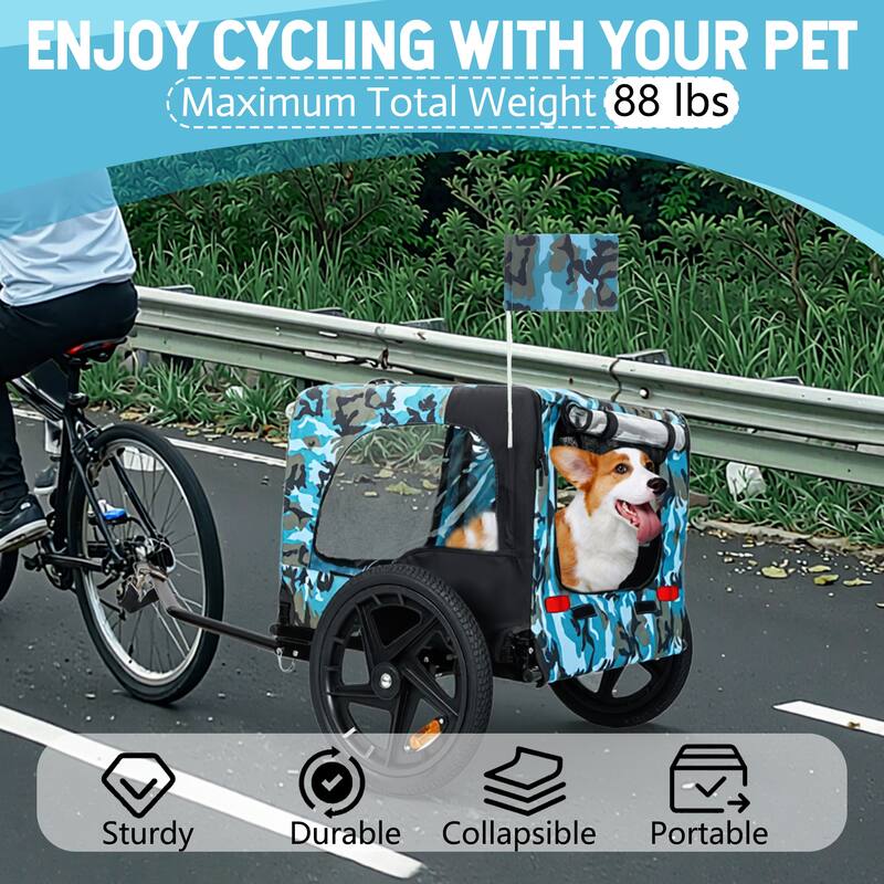 Heavy Duty Collapsible Pet Bike Trailer with 16" Wheels, Foldable Dog Bicycle Carrier Cart with Hitch & Reflectors