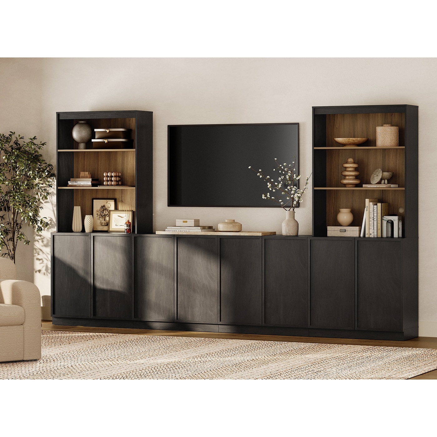 WAMPAT Wall Unit TV Stand with 3 Tiers Bookshelf, Entertainment Center with 4 Storage Cabinets and Adjustable Shelf