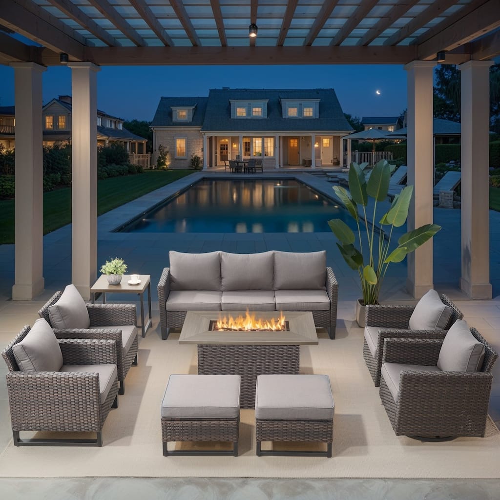 Outdoor Swivel Chairs Sofa Set with Fire Pit Table - Grey cushion - Brown