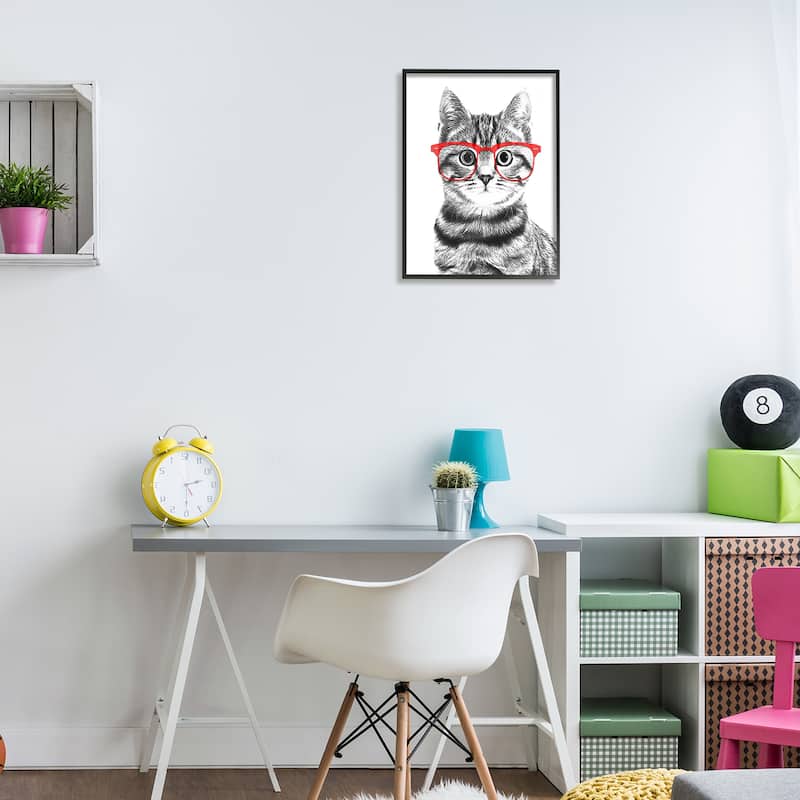 Stupell Black White Monochrome Cat Red Glasses Design Framed Wall Art